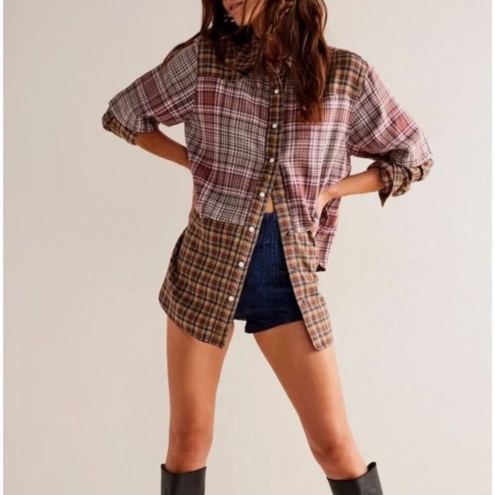 Free People We The Free Layer It Up Plaid Top Buttondown Long Sleeves XL 289016